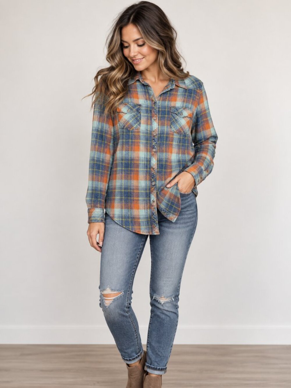 Orvis Women's Size M Flannel Plaid Button Down Shirt Blue Orange Cotton Fall Top